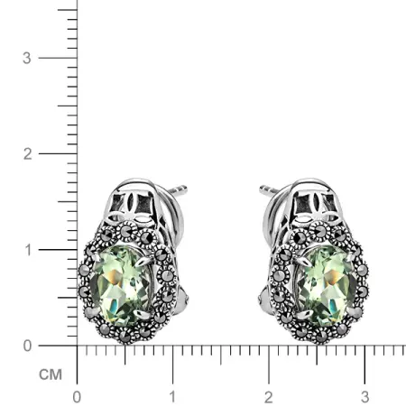 Серебряные серьги с зеленым аметистом и марказитами Swarovski