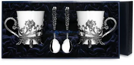 2 чашки чайные «Цветочные» с ложками