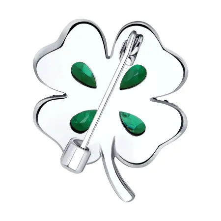 Брошь из серебра с фианитами «Клевер» четырехлистник