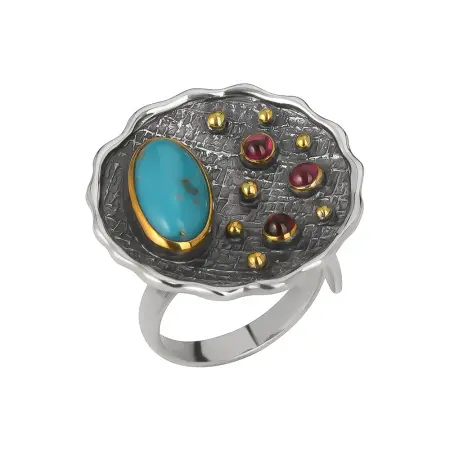 Серебряное кольцо с бирюзой и гранатом