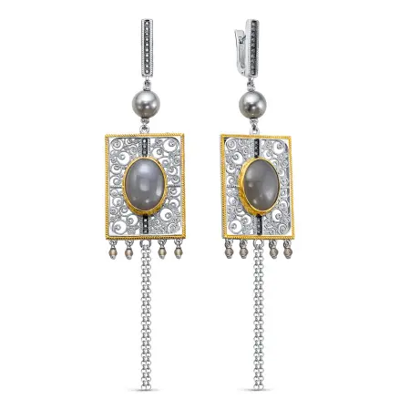 Серьги из серебра с лунным камнем, жемчугом и фианитами