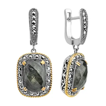 Серебряные серьги с лабродоритом, горным хрусталем, марказитами Swarovski и позолотой