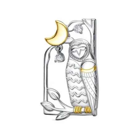 Серебряная брошь с фианитами «Сова и Луна»