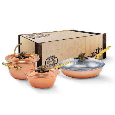 Набор медной посуды «Кукуруза» из 3-х предметов (кастрюля, сковорода, сотейник)