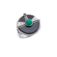 Кольцо из серебра с зеленым агатом, шпинелью и белым топазом