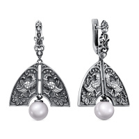 Серебряные серьги с жемчугом «Жар-птица» кокошник с жемчугом Серебряные серьги с жемчугом «Жар-птица» кокошник с жемчугом