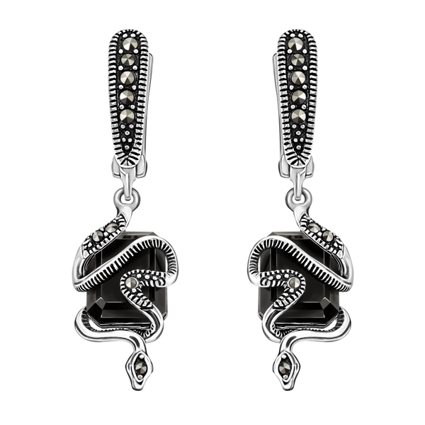 Серебряные серьги с черным ониксом и марказитами