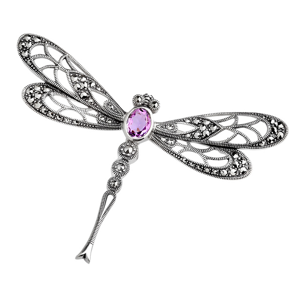 Серебряная брошь с аметистом и марказитами Swarovski