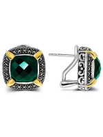 Серебряные серьги с зеленым агатом, марказитами Swarovski и позолотой