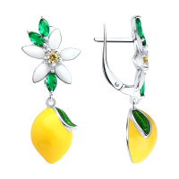 Серьги из серебра с фианитами и эмалью «Лимон»
