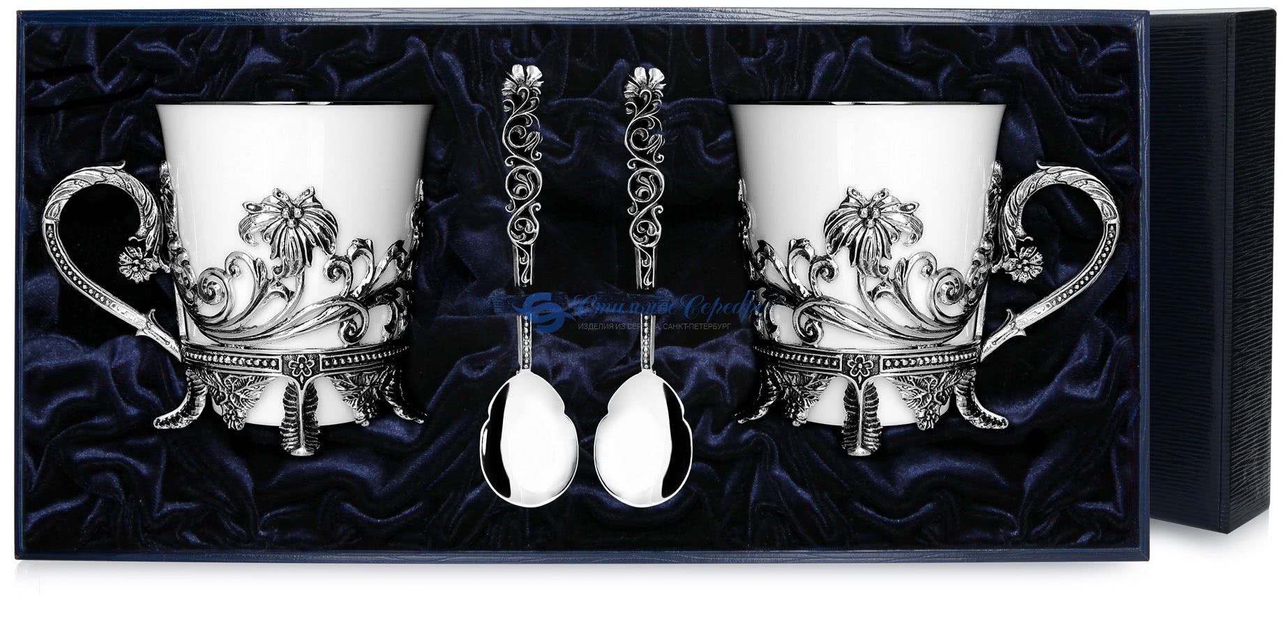 2 чашки чайные «Цветочные» с ложками