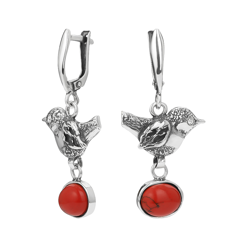Серебряные серьги с кораллом «Птица»