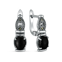 Серьги из серебра с ониксом и марказитами Серьги из серебра с ониксом и марказитами
