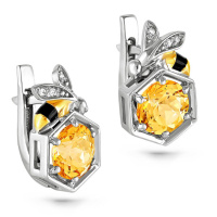 Серебряные серьги с цитрином и фианитами «Пчела» Серебряные серьги с цитрином и фианитами «Пчела»