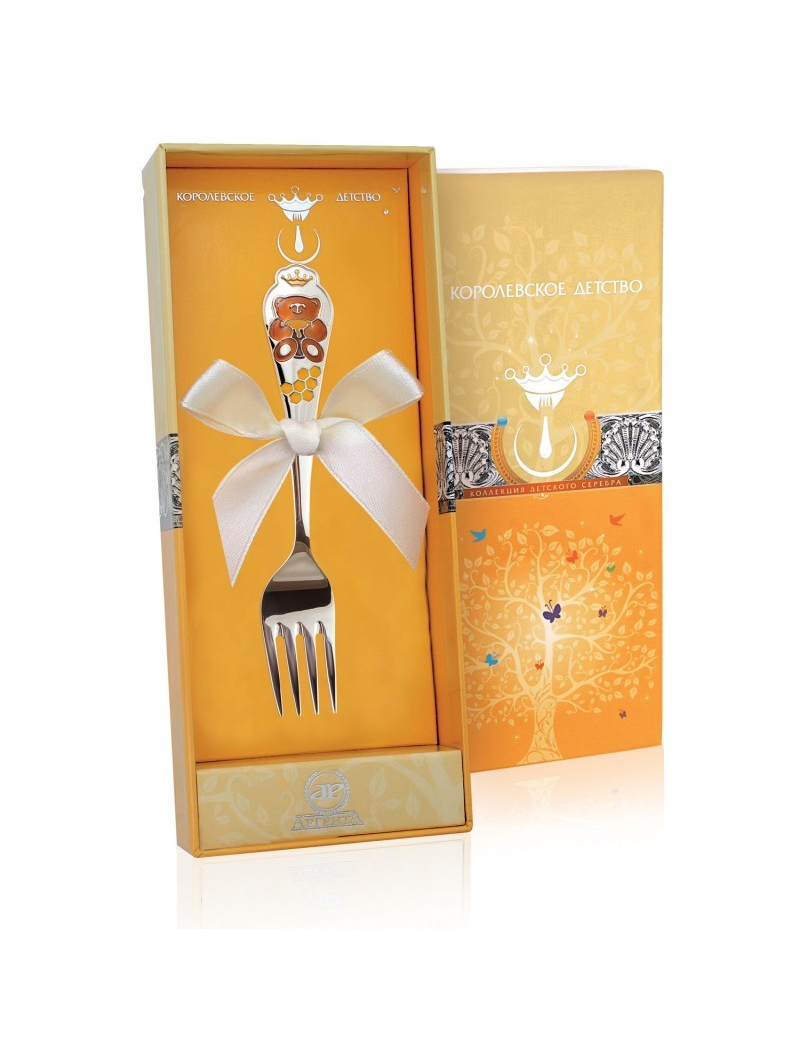 Серебряная вилка детская «Мишка» с позолотой и эмалью