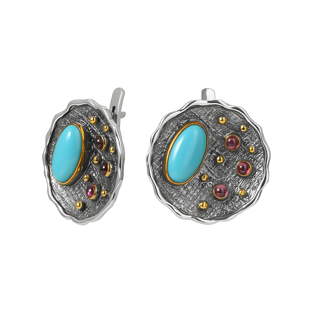 Серебряные серьги с бирюзой и гранатом