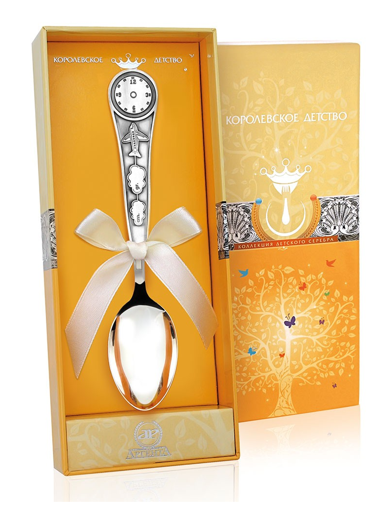 Серебряная ложка детская для гравировки «Часы» с чернением