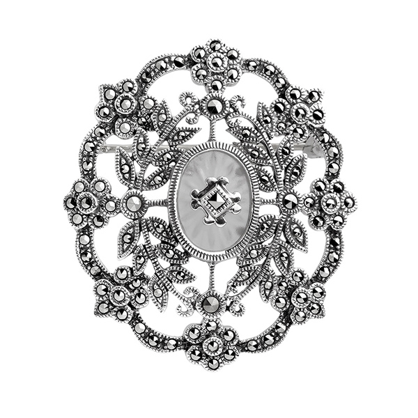 Серебряная брошь с кристаллом кварца и марказитами Swarovski