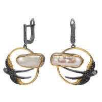 Серьги из серебра со шпинелью, жемчугом, белым топазом «Ласточка»