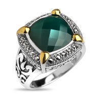 Серебряное кольцо Alexandre Vassiliev с зеленым агатом, марказитами Swarovski и позолотой