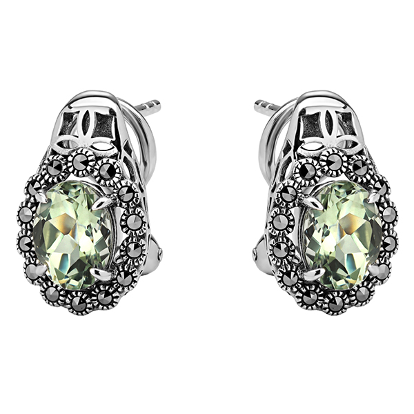 Серебряные серьги с зеленым аметистом и марказитами Swarovski