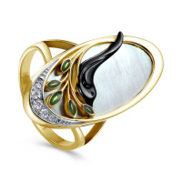 Кольцо из серебра с перламутром, фианитами и холодной эмалью «Соловушка»