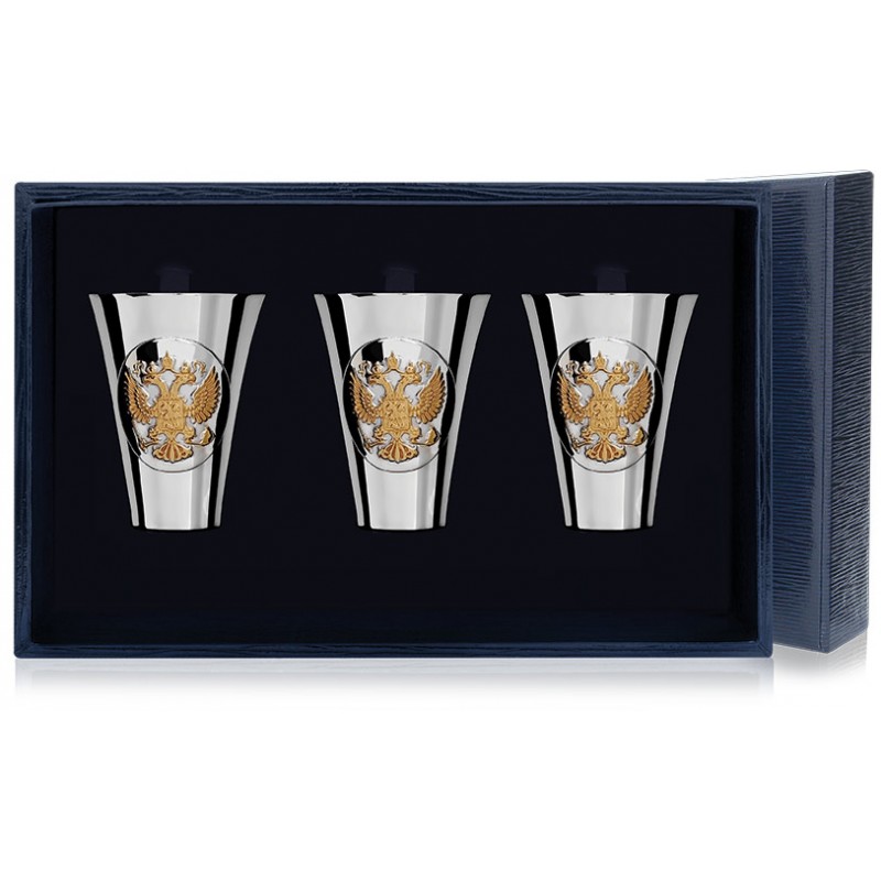 Набор серебряных стопок «Герб» позолота - 3 предмета