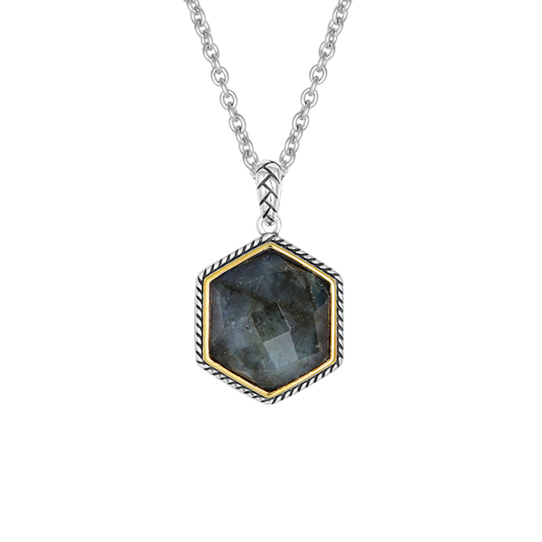 Серебряный кулон на цепи с лабрадоритом и позолотой
