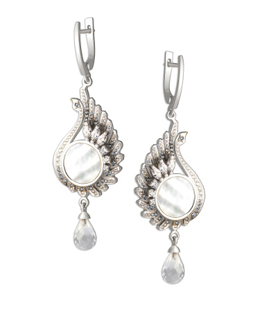 Серьги из серебра с перламутром и фианитами «Птица»