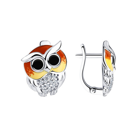 Серьги из серебра с эмалью и фианитами «Сова»
