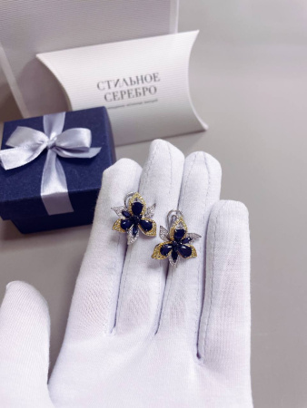 Серьги из серебра «Орхидея» с натуральным сапфиром