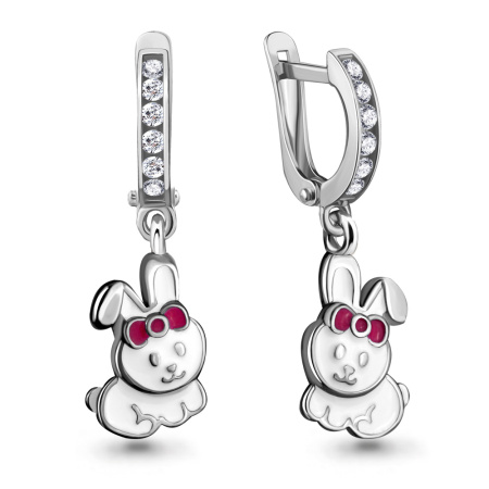 Детские серебряные серьги с эмалью и фианитами «Кролик»