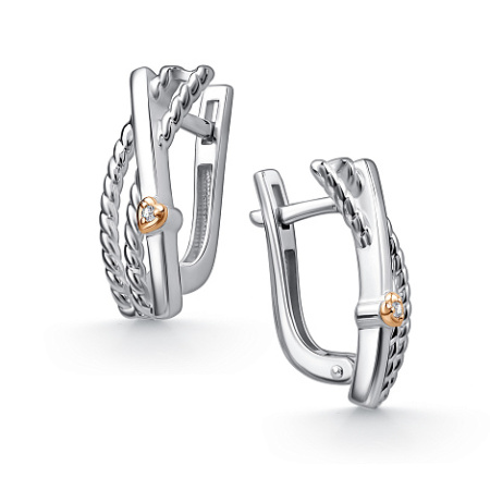 Серьги из серебра с бриллиантами и позолотой «Сердце»