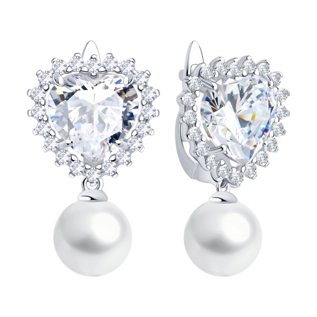 Серьги из серебра с жемчугом и фианитами «Сердце»