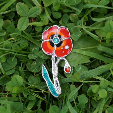 Брошь из серебра с эмалью «Мак»