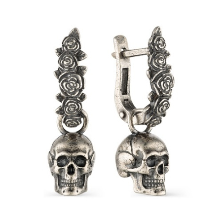 Серьги из серебра «Череп с розами»