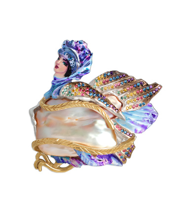 Брошь из серебра с жемчугом барокко и эмалью «Царевна-Лебедь»