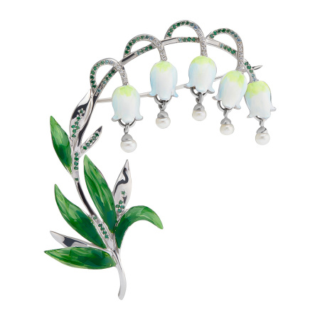 Брошь из серебра «Ландыш» с жемчугом и фианитами