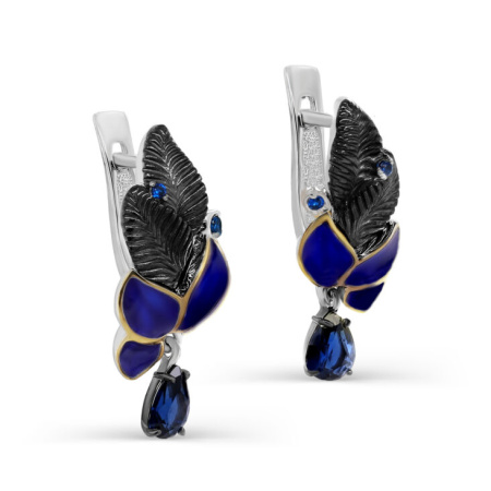 Серьги из серебра с фианитами, шпинелью и холодной эмалью