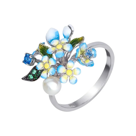 Кольцо из серебра «Цветы» с эмалью, жемчугом , фианитами, топазами