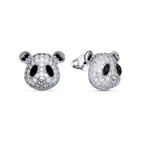 Серьги из серебра 925 пробы с фианитами и эмалью «Панда»