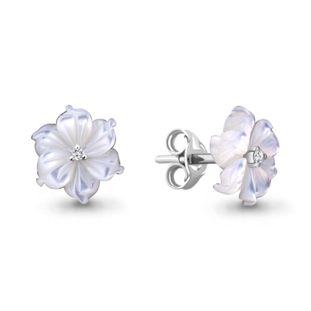 Серебряные серьги-гвоздики с перламутром и фианитами «Цветок»