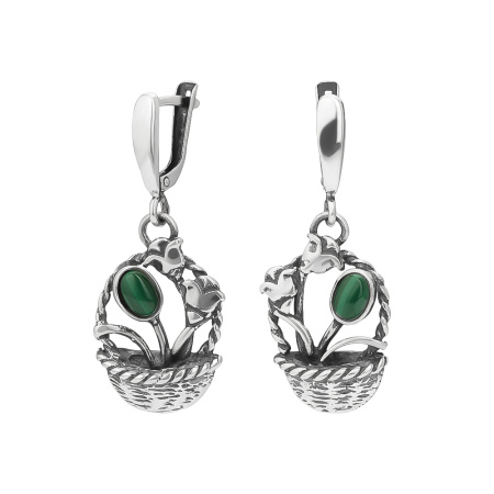 Серьги из серебра с малахитом «Корзинка с цветами»