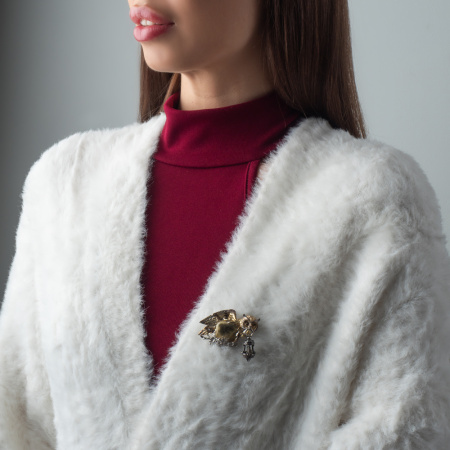 Серебряная брошь с янтарем и цитрином «Сова»