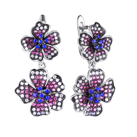 Серьги из серебра с фианитами, опалом и корундом «Цветы»