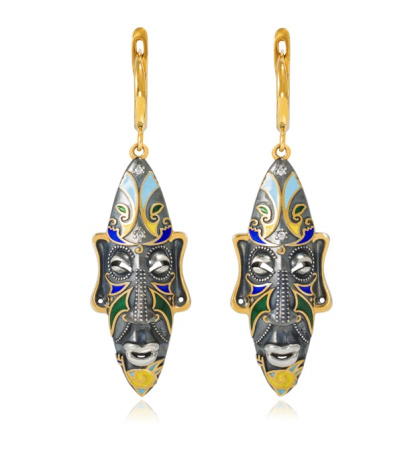 Серебряные серьги «Африканская маска Оконга» (золочение), разноцветные