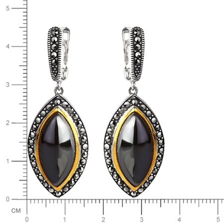 Серебряные серьги с гематитом, марказитами Swarovski и позолотой
