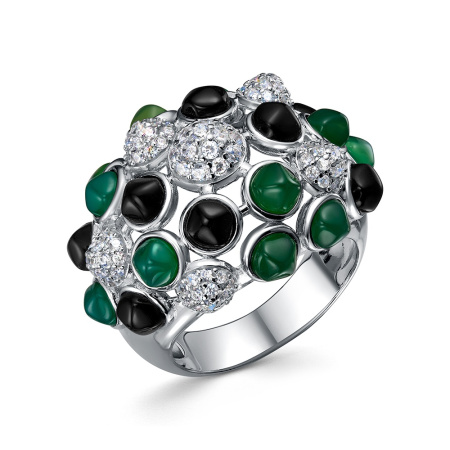 Серебряное кольцо с зеленым агатом, ониксом и фианитами