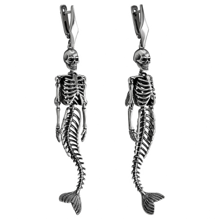 Серьги серебро 925 скелет русалки череп длинные