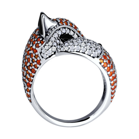 Серебряное кольцо с фианитами и эмалью «Лиса»